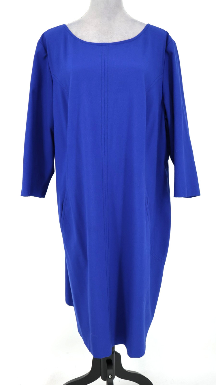 Tahari Dress Plus Size 22W Blue Shift Stretch Knit Midi Back Zip Pockets Career